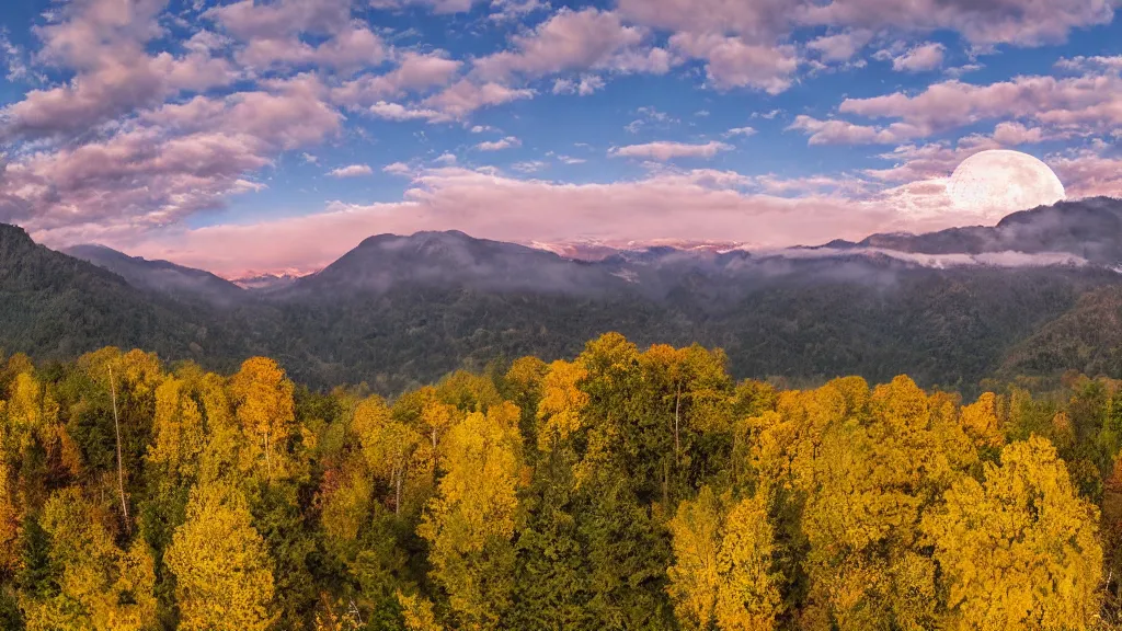 Prompt: Panoramic photo where the mountains are towering over the valley below their peaks shrouded in mist. The moon is just peeking over the horizon and the sky is covered with stars and clouds. The river is winding its way through the valley and the trees are starting to turn yellow and red