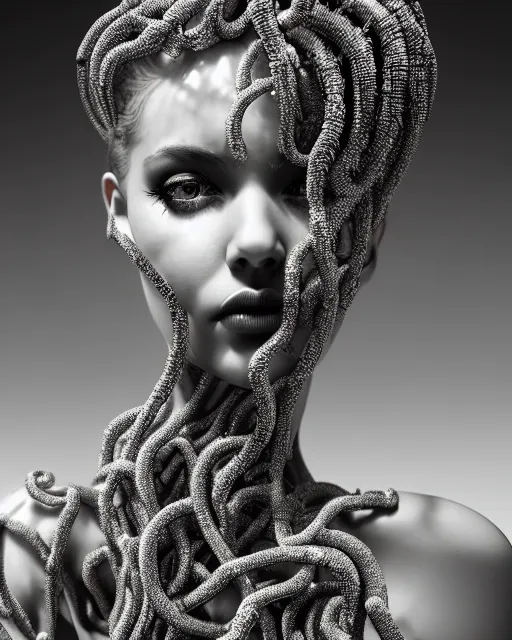 Image similar to surreal mythical dreamy artistic black and white fine art photo of a beautiful young female queen - medusa - cyborg covered with metal fish scales and translucent algae, highly detailed, intricate crystal ivy jelly fish scales ornate, poetic, octane render, 8 k, photo - realistic