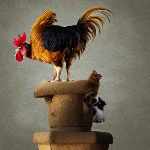 Image similar to a rooster on top of a cat on top of a dog on top of a donkey