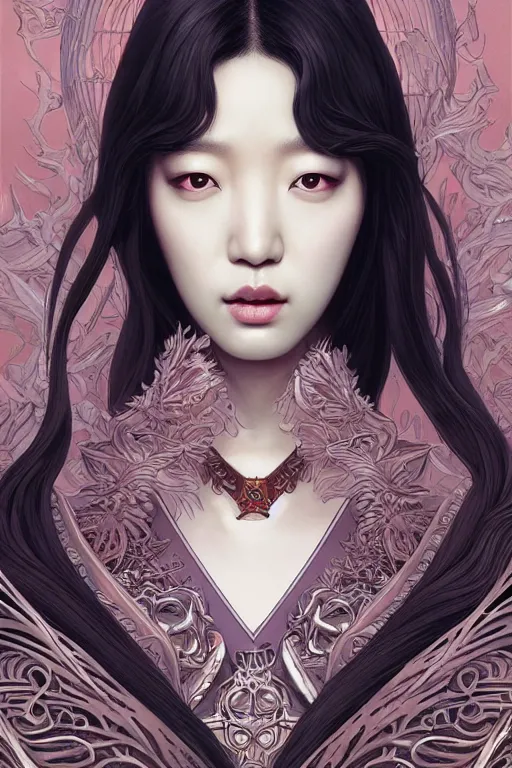 Image similar to Park Shin Hye as a super villain, luxurious, fantasy, intricate, elegant, highly detailed, digital painting, artstation, concept art, matte, sharp focus, illustration, art by WLOP and Hokusai and James Jean, masterpiece, Refined, upscaled