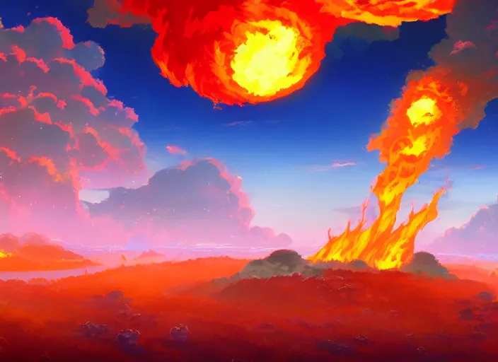 Image similar to a fiery apocalypse to end the human race, 4 k digital paint by studio ghibli hayao miyazaki. vivid colours, vaporwave lighting style, very sharp and detailed. trending on artstation and behance.