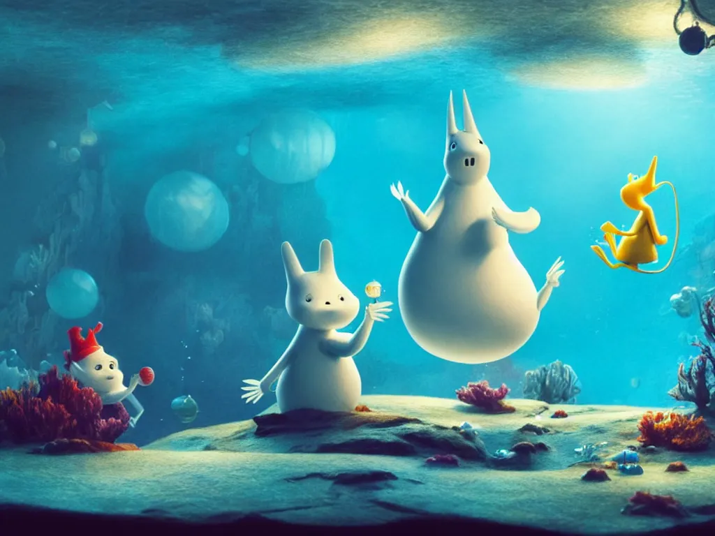 Image similar to underwater moomins discovering the water planet, photorealistic painting, cgi, low volumetric light, movie still, very cute and cozy and fluffy and sweet