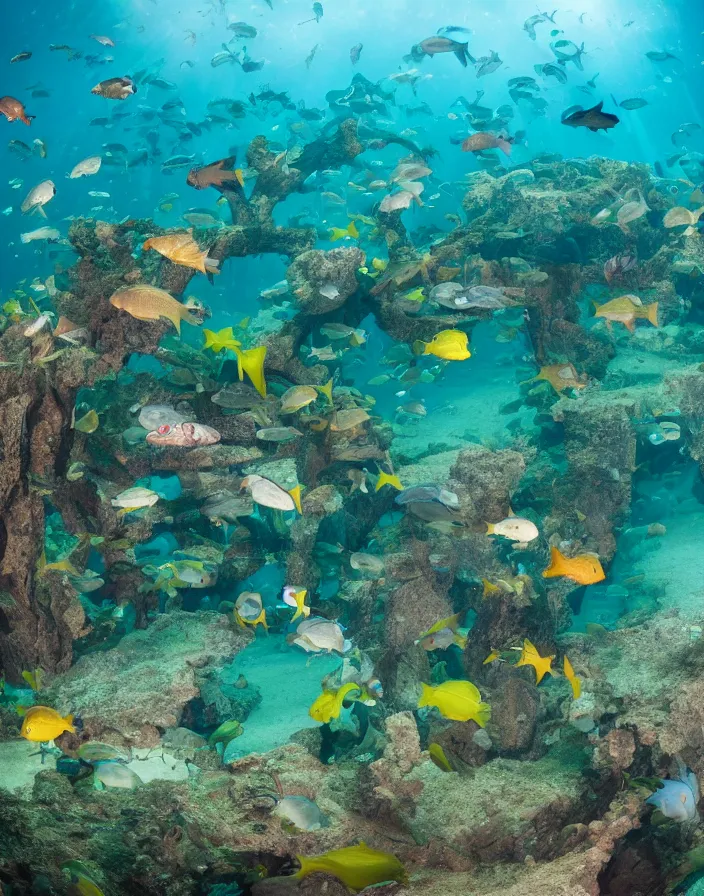 Image similar to an underwater city school for fish, 8k, National Geographic photo field.