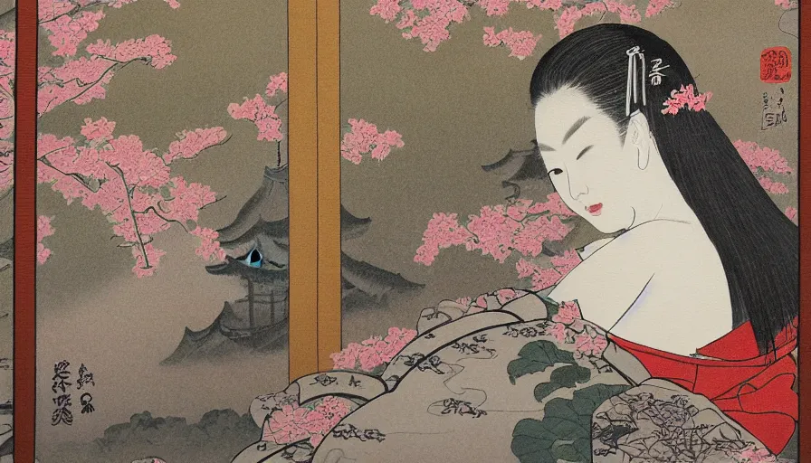 Prompt: painting of a beautiful girl in japan, looking out a window at a temple garden filled with yokai and spirits, uhd, high detail, by james c. christensenn