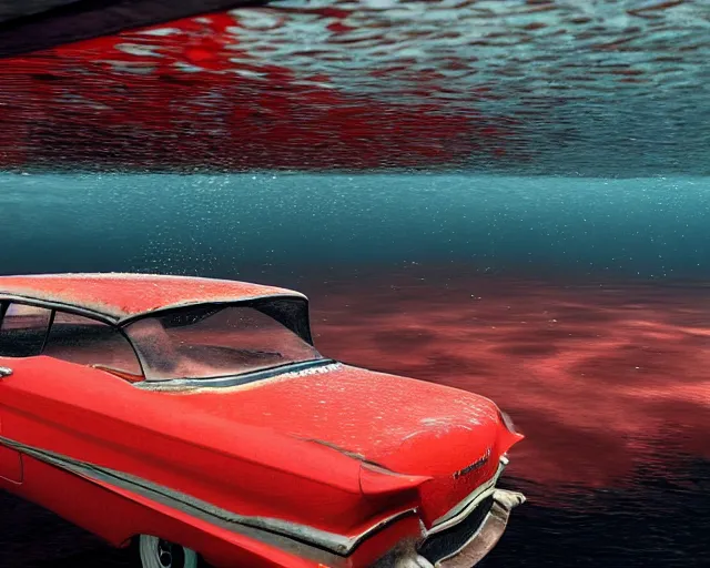 Image similar to red 1 9 5 8 plymouth fury submerged under water, cinematic, photoreal, by red dead redemption 2