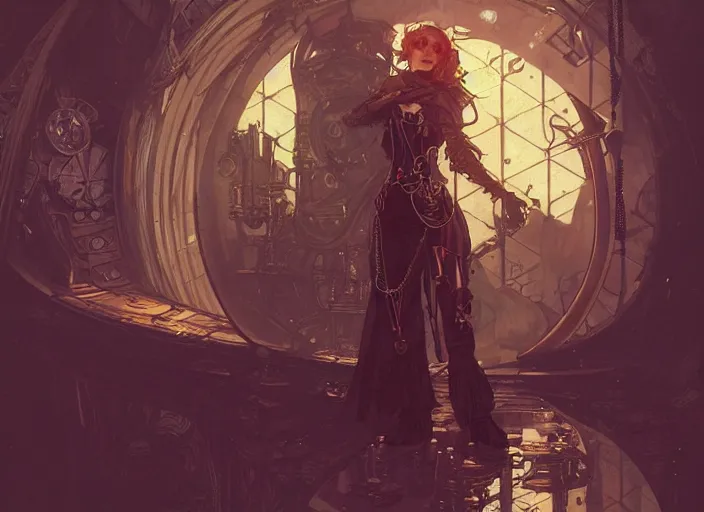 Image similar to woman model, steampunk!!! and modern, rgb, in decadent sewers, backlit, elegant, highly detailed, digital painting, artstation, concept art, smooth, sharp focus, illustration, art by krenz cushart and artem demura and alphonse mucha