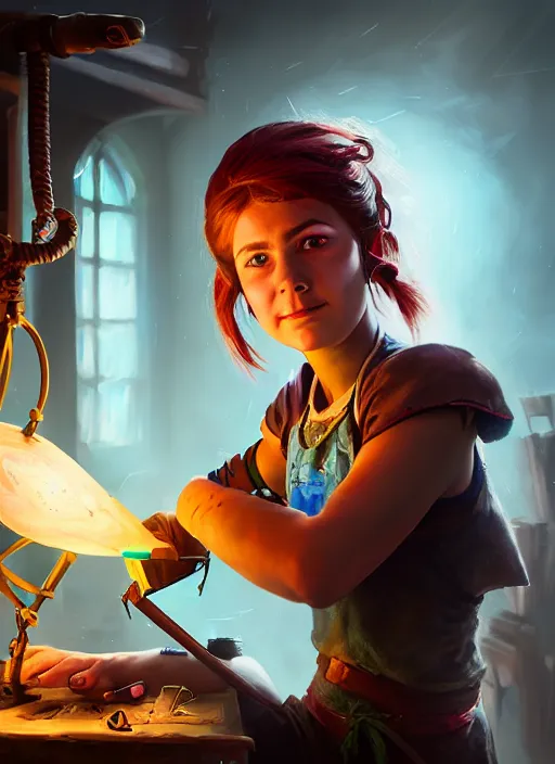 Image similar to An epic fantasy comic book style portrait painting of a young tinker girl working on a device in her workshop, unreal 5, DAZ, hyperrealistic, octane render, cosplay, RPG portrait, dynamic lighting