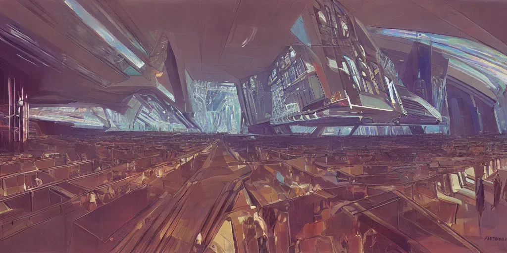 Prompt: a futuristic brutalist cathedral interior with holograms all over, ralph maquarrie and syd mead cinematic painting, 4 k