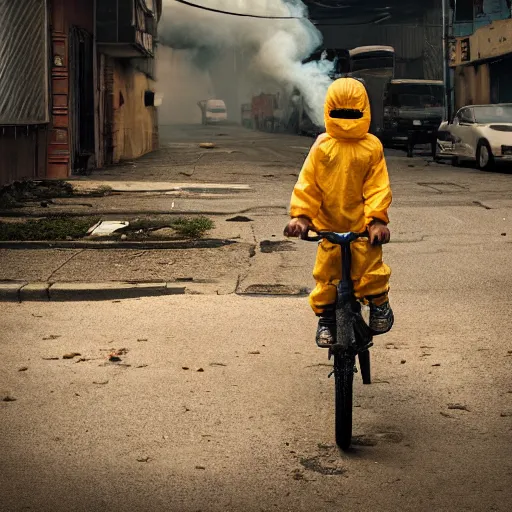 Image similar to a photo of a boy wearing a hazmat suit, riding a bike, side-view, smoke in the background, filthy streets, broken cars. Vines growing. Jpeg artifacts. Full-color photo. Color color color color color. Award-winning photo. Samyang/Rokinon Xeen 50mm T1.5