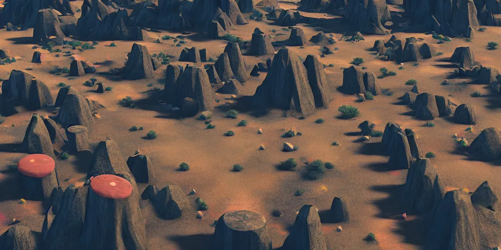 Image similar to 3d painted landscape with a single small brutalism monument in the center by james jean in no mans sky style, redshift, octane