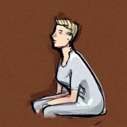 Image similar to courtroom sketch of amber heard squatting on top of a bed, a brown object is underneath her