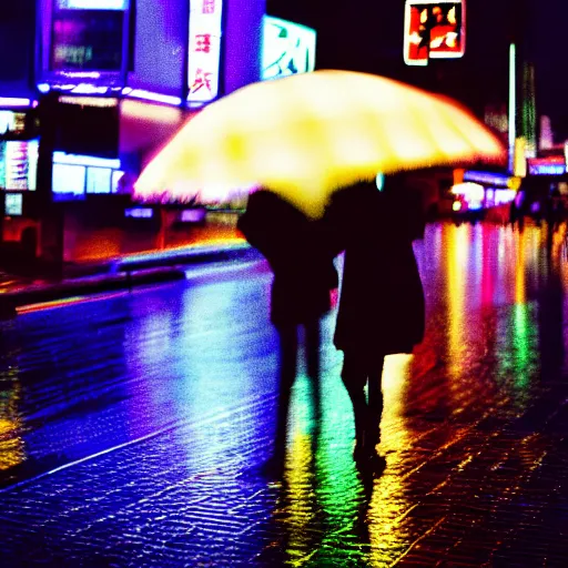 Image similar to a moody 2 0 0 mm shot of an umbrella in a rainy tokyo night, neon lights, photography