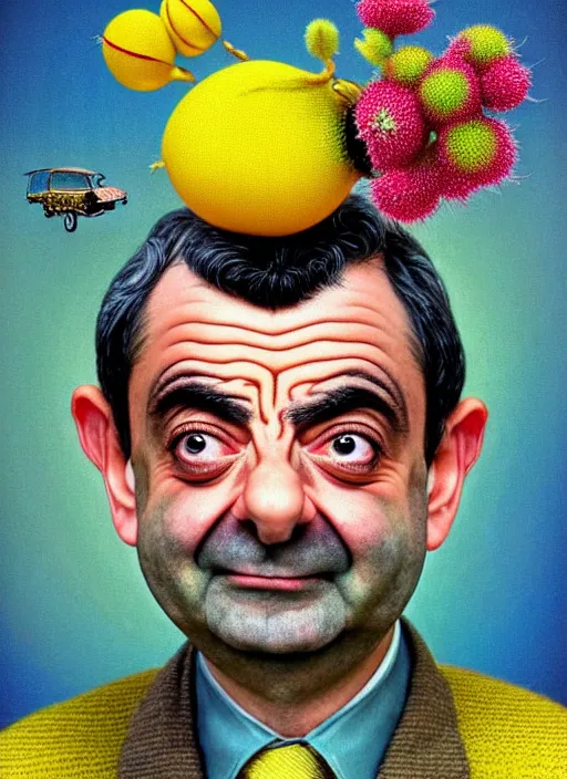 Image similar to hyper detailed 3d render like a Oil painting muted colors - slightly silly portrait of Rowan Atkinson cross eyed as Mr. Bean atop his yellow beetle in Aurora seen tickling of the Strangling network of yellowcake aerochrome and milky Fruit and Her delicate Hands hold of gossamer polyp blossoms bring iridescent fungal flowers whose spores black the foolish stars by Jacek Yerka, Mariusz Lewandowski, Houdini algorithmic generative render, Abstract brush strokes, Masterpiece, Edward Hopper and James Gilleard, Zdzislaw Beksinski, Nicoletta Ceccoli, Wolfgang Lettl, hints of Yayoi Kasuma, octane render, 8k