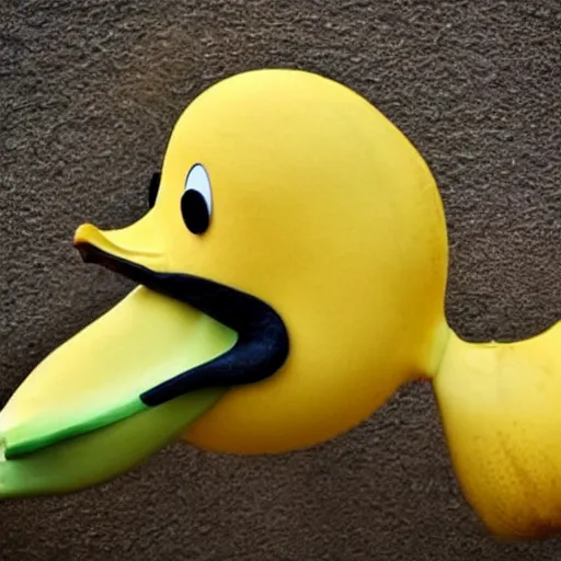 Image similar to a banana in the shape of a duck. A duck in the shape of a banana. Banana duck. Banana with duck face.