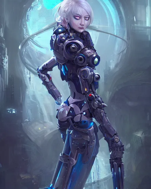 Image similar to holy cyborg necromancer girl, elegant, scifi, futuristic, utopia, garden, illustration, atmosphere, top lighting, blue eyes, white hair, focused, artstation, highly detailed, art by yuhong ding and chengwei pan and serafleur and ina wong