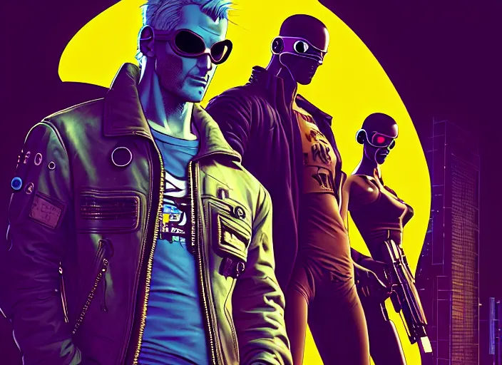 Image similar to cyberpunk hitmen. portrait by stonehouse and mœbius and will eisner and gil elvgren and pixar. character design. realistic proportions. cyberpunk 2 0 7 7 character art, blade runner 2 0 4 9 concept art. cel shading. attractive face. thick lines. the team. diverse characters. artstationhq.