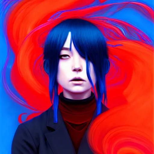 Image similar to red water swirling around rimuru tempest crying, enveloped in ghosts, sky blue straight hair, bangs, with amber eyes, black jacket, high collar, ultra fine detaile, dark theme, digital painting, psychedelic, cinematic, wlop, pixiv, ilya kuvshinov, ross tran