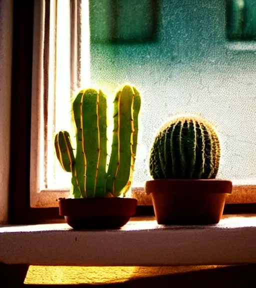 Prompt: an old photo of a cactus on a sunny windowsill, soft lighting