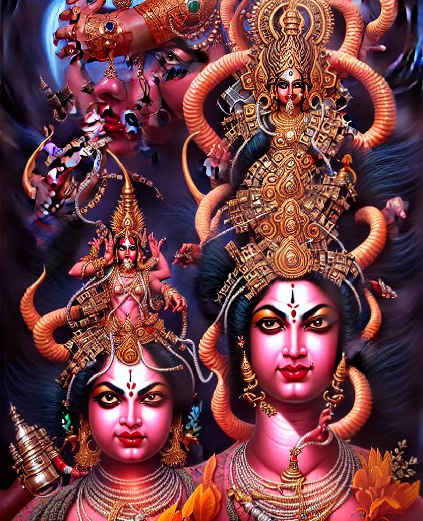 Image similar to beautiful hindu goddess kali fantasy character portrait, close - up, ultra realistic, intricate details, the fifth element artifacts, highly detailed by peter mohrbacher, hajime sorayama, wayne barlowe, boris vallejo, aaron horkey, gaston bussiere, craig mullins