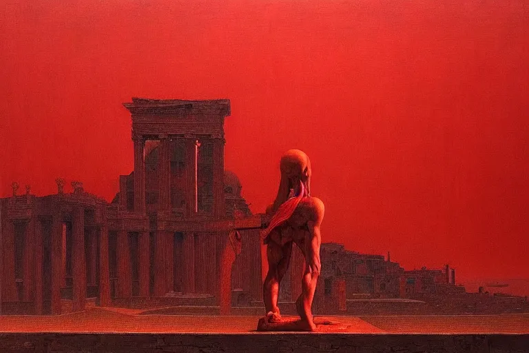 Image similar to only with red, caesar after war, a red tiger, in hoc signo vinces, rome in background, an ancient path, in the style of beksinski, part by hopper, part by rodcenko, part by hofbauer, intricate composition, red by caravaggio, insanely quality, highly detailed, masterpiece, red light, artstation