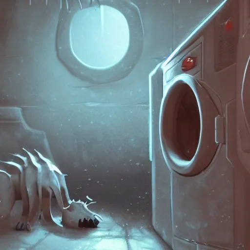 Prompt: demonic creature crawling out of a washing machine in a laundry room, cinematic lighting, inspired by Evgeny Lushpin,George, greg rutkowski winter,nighttime,cinematic,art station