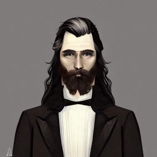 Image similar to old flowing hair handsome man with high collar fantasy, symmetrical beautiful, portrait, painting, trending on artstation