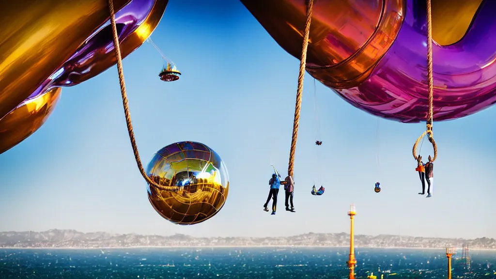 Image similar to large colorful futuristic space age metallic steampunk balloons with pipework and electrical wiring around the outside, and people on rope swings underneath, flying high over the beautiful santa monica pier city landscape, professional photography, 8 0 mm telephoto lens, realistic, detailed, photorealistic, photojournalism