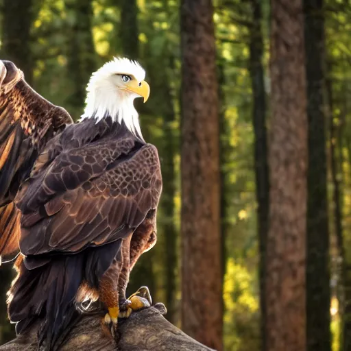 Image similar to creature consisting of a bald eagle and a human, golden hour, photograph captured in a forest