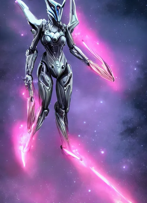 Image similar to cinematic shot, bust, cosmic sized perfectly proportioned stunning beautiful hot female warframe, robot mecha female dragon head, silver armor, fuschia leds, floating in empty space, nebula sized, holding a galaxy, epic proportions, epic size, epic scale, furry art, dragon art, giantess art, warframe fanart, furaffinity, deviantart
