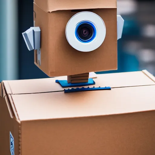 Image similar to a cardboard box robot, ( sony a 7 r iv, symmetric balance, polarizing filter, photolab, lightroom, 4 k, dolby vision, photography awardm, voque, perfect face )