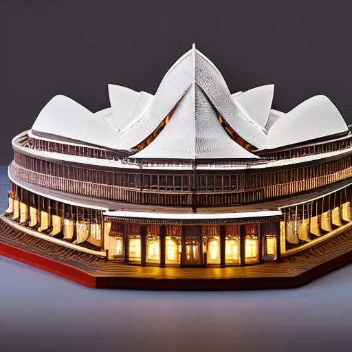 Prompt: paper model of the Sidney Opera house, hyperrealistic, illuminated, very fine details, ornaments, fractal struktures, studio light, 8K, product photo, spotlight, dark background