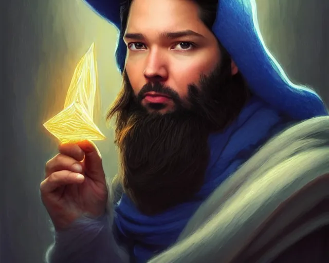 Image similar to amazing portrait of alexis ohanian as a wizard, pointy blue wizard hat, deep focus, symmetrical face, d & d, fantasy, intricate, elegant, highly detailed, digital painting, artstation, concept art, matte, sharp, illustration, hearthstone, art by artgerm and greg rutkowski and alphonse mucha