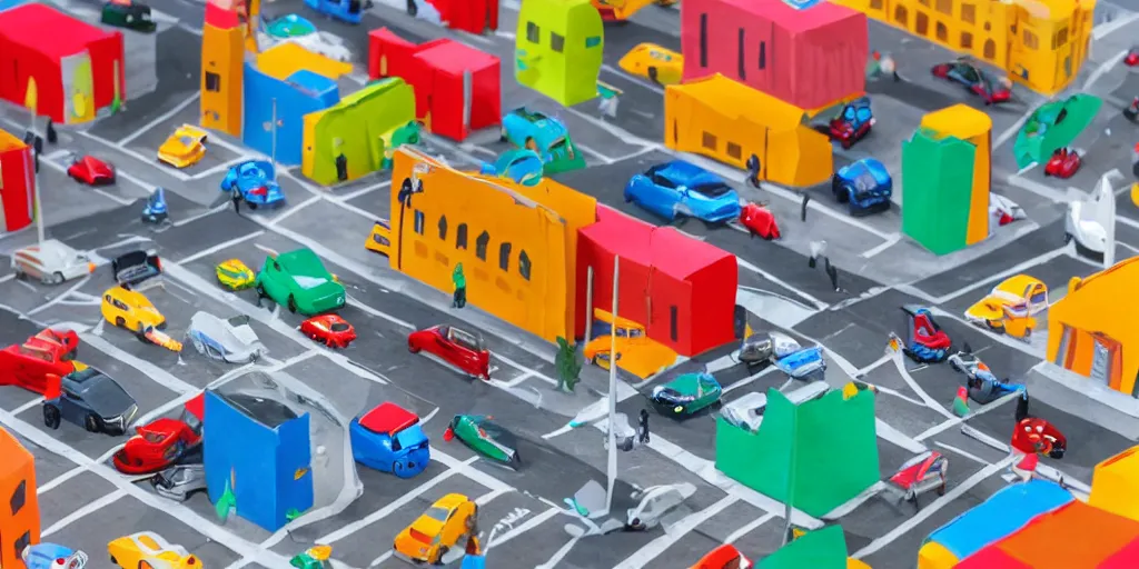 Image similar to paper craft diorama of a colorful city with people and cars