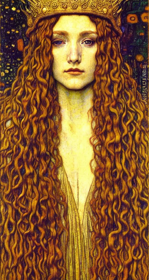 Image similar to detailed realistic beautiful young medieval queen face portrait by jean delville, gustav klimt and vincent van gogh, art nouveau, symbolist, visionary, gothic, pre - raphaelite, muted earthy colors, desaturated