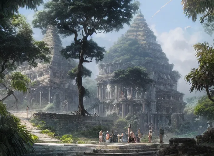 Image similar to Tyrona, Bustling coastal walled ancient city with Roman and Southeast Asian architecture surrounded by lush tropical jungle, anime, lush trees, fountain, a fantasy digital painting by Greg Rutkowski and James Gurney, trending on Artstation, highly detailed