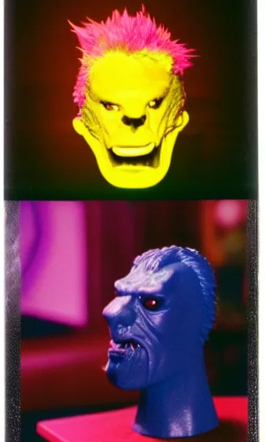 Image similar to colorful crystal gary busey creature, 9 0 s toy commercial, photo from the 7 0 s, horror lighting, neon lighting, polaroid photo,