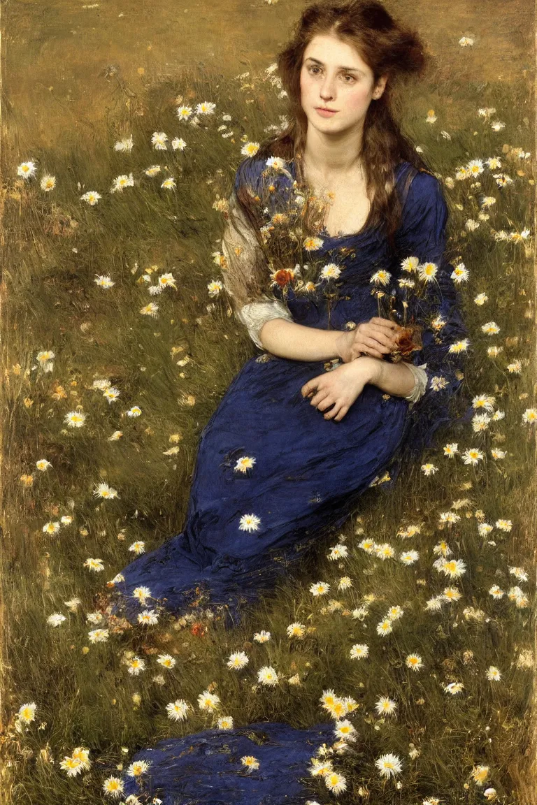 Prompt: John Everett Millais. Close up Shot illustrious pale rich beautiful Woman horizontal flat in a very blue dark shallow stream with open mouth picking flowers. Stream flowing from left to right. She is in the lower third of the picture. Golden brown dress with vibrant details, light dark very long hair. Poppies, daisies, pansies. Fine brush strokes. Nature.