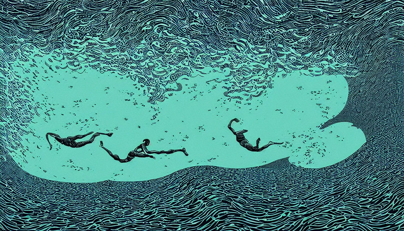 Image similar to swimming in the ocean at night by woodblock print, nicolas delort, moebius, victo ngai, josan gonzalez, kilian eng