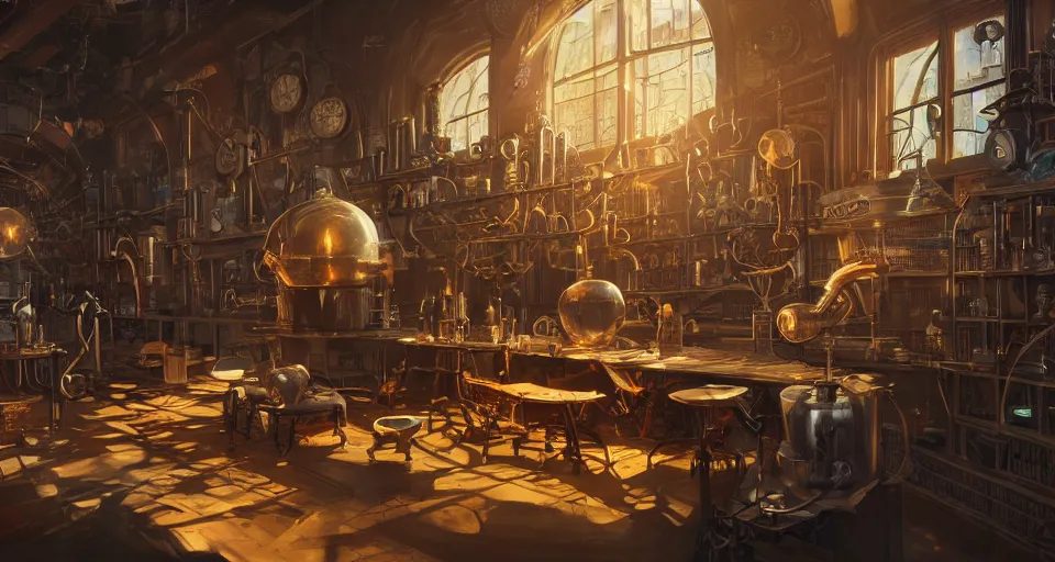 Prompt: Alchemy laboratory, hyperdetailed, artstation, cgsociety, golden hour 8k