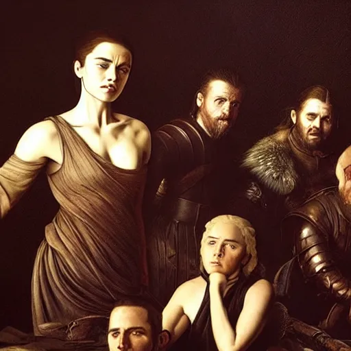 Prompt: game of thrones trailer, moody, highly detailed, dynamic lighting, painting by caravaggio, painting