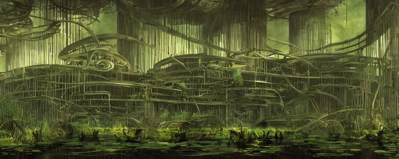 Prompt: swamp with a lot of dieselpunk mechanisms inside scientific illustration, made in brutal architecture in rich and saturated shades of dark green