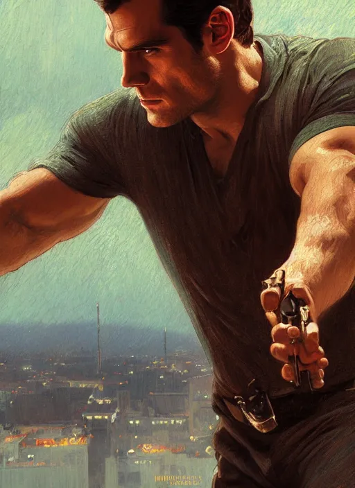 Image similar to portrait of henry cavill as james bond, casino, key art, sprinting, palm trees, highly detailed, digital painting, artstation, concept art, cinematic lighting, sharp focus, illustration, by gaston bussiere alphonse mucha