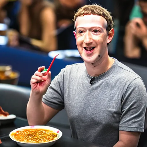 Image similar to mark zuckerberg eating gummy worm ramen