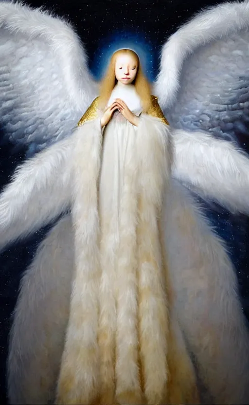 Image similar to highdetailed hyperrealistic painting of white angel!!! no gender!!!, giant ball of miracle light from the chest!!!!!, white sparkles everywhere, 4 k hd fur face!!!, big wings, by jan van eyck, holography space, glow effect, large strokes, white monochrome color!!!!!