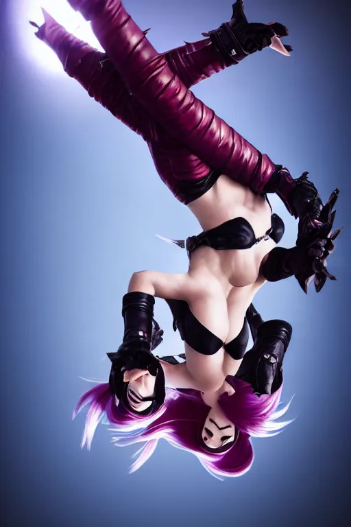 Prompt: Katarina from League of Legends doing a backflip, photorealistic, studio lighting, white ambient background, highly detailed