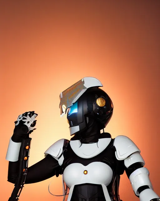 Prompt: centered medium shot fine studio photograph of a beautiful black woman wearing only a white solarpunk mecha Nigerian helmet with bright lights, ultra-realistic, white background, 8k HDR sunset lit, intricate