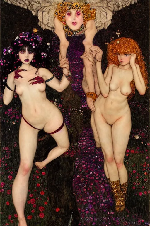 Image similar to two beautiful young succubuses, dark fantasy, kiss, highly detailed, artstation, illustration, art by Gustav Klimt