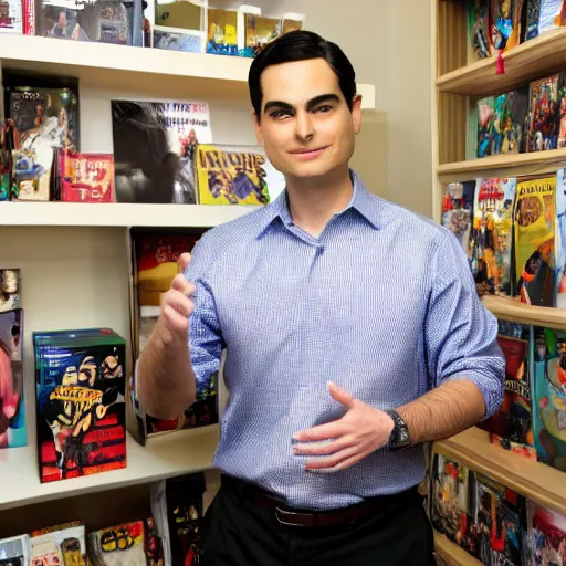 Image similar to highly detailed face ben shapiro shows off his anime collection.