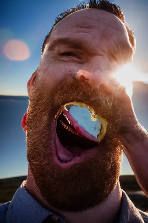 Image similar to a photograph of a man unhinging his jaw to eat the sun, 4 k image, golden hour, sigma lens, sourced by nasa, drone photograph, real, scary