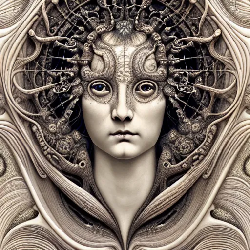 Image similar to detailed realistic beautiful porcelain calaveras goddess face portrait by jean delville, gustave dore, iris van herpen and marco mazzoni, art forms of nature by ernst haeckel, art nouveau, symbolist, visionary, gothic, neo - gothic, pre - raphaelite, fractal lace, intricate alien botanical biodiversity, surreality, hyperdetailed ultrasharp octane render